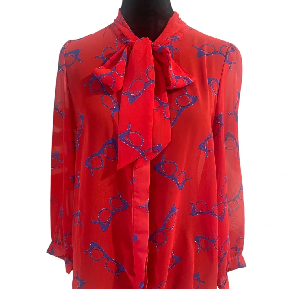 Retro Red,blue eye glasses print, sheer,button down neck bow tie blouse, small - Picture 1 of 8